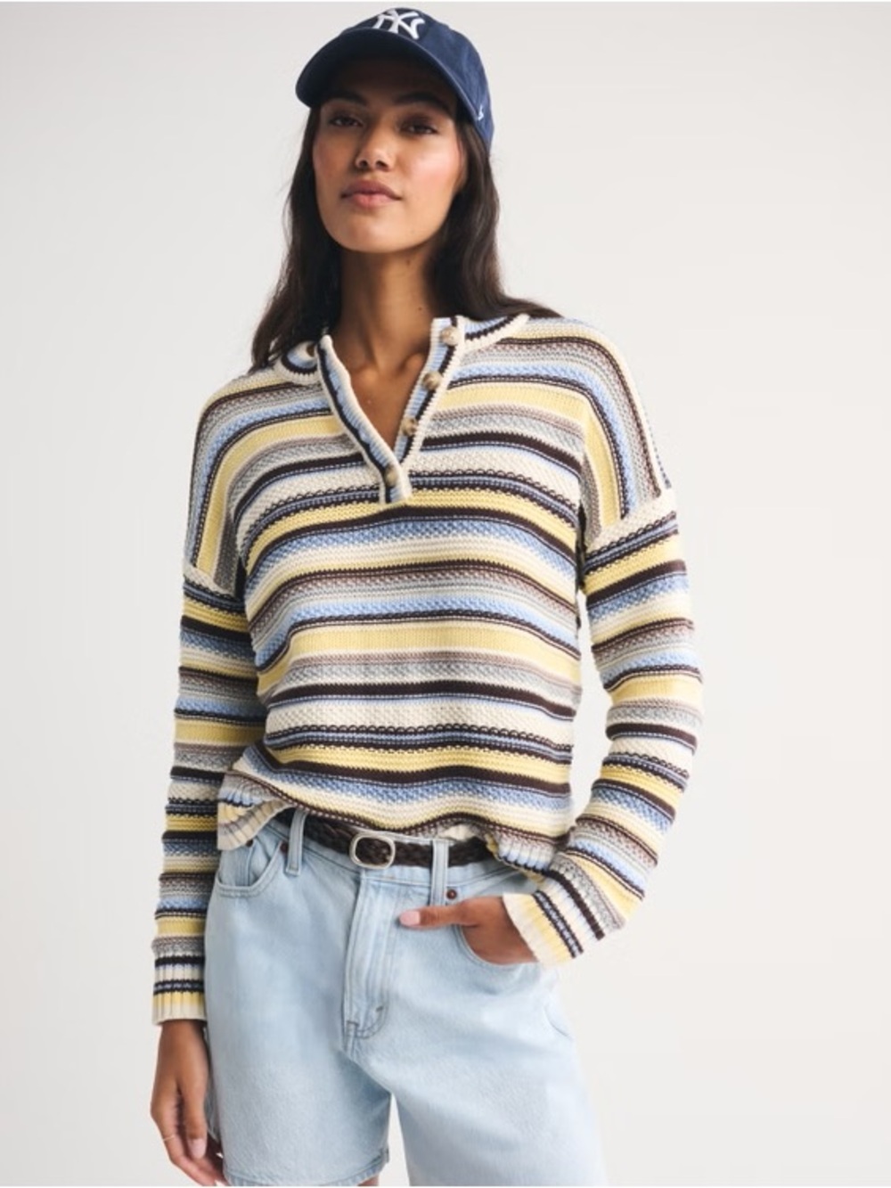 Viral sold out Abercrombie & Fitch Striped Henley Sweater - Yellow, Gray & White